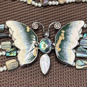 #87 Vintage Butterfly Necklace,Jasper, Paua Shell, Pearls. Unique, One of a Kind
